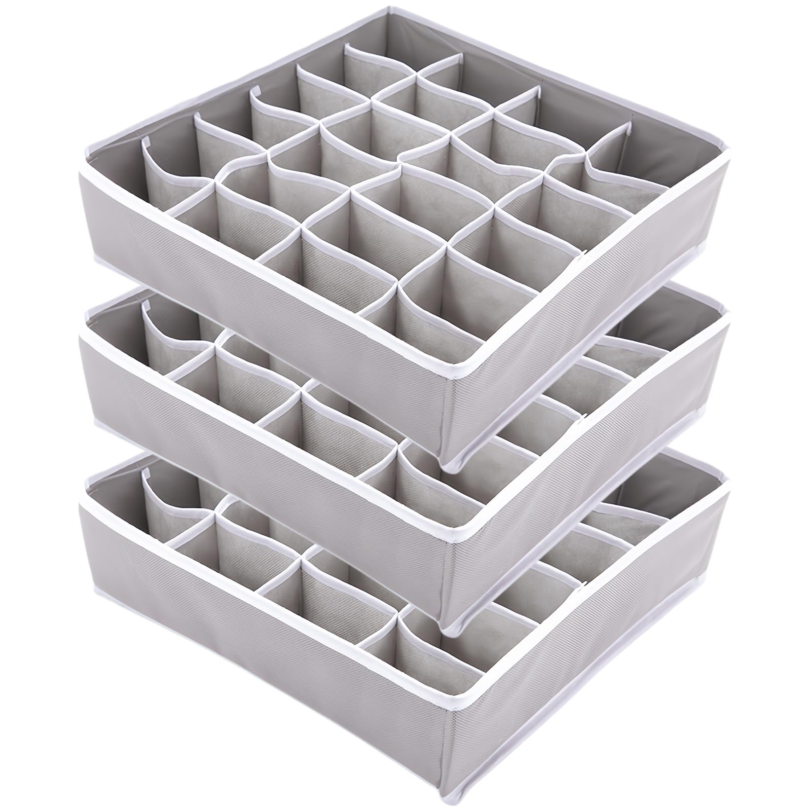 3 Sets of Sock and Underwear Storage Dividers, 72 Compartment Fabric Foldable Drawer Organizer, Closet Drawer Organization for Socks, Underwear, Belts and Ties (24+24+24 Cell, Light Gray)