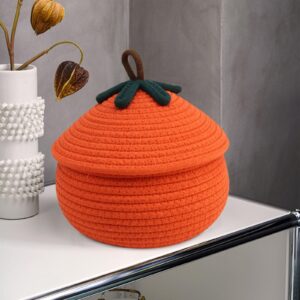 halloween pumpkin basket, cute halloween pumpkin basket with lid, orange pumpkin woven basket for organizing candy toy basket, halloween home decoration (small)