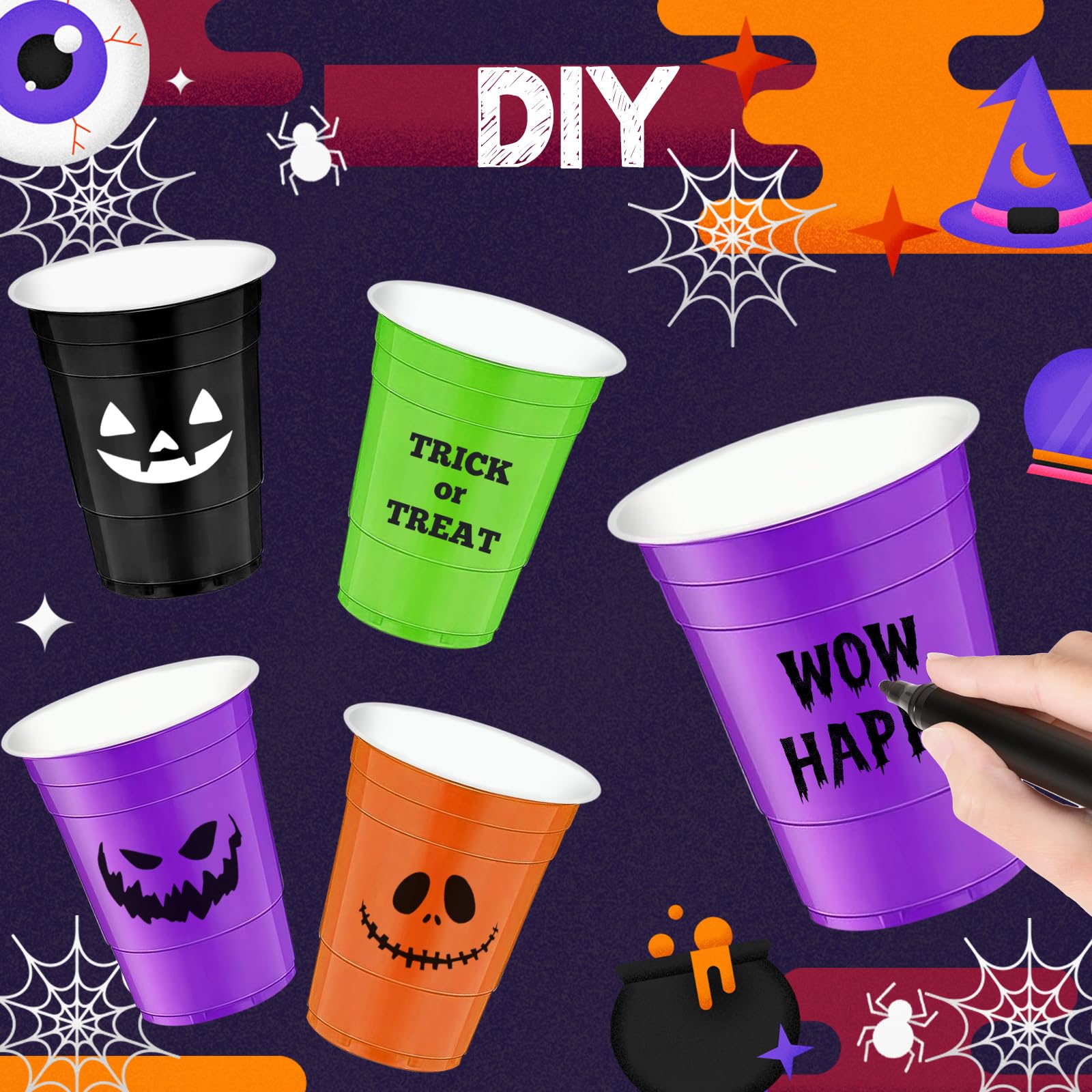 cssopenss 100 PCS Halloween Party Cups 16 oz halloween plastic cups 16 oz halloween disposable cups Set 4 Styles for Halloween Party Decorations & Party Supplies for Beer/Beverage/Snacks/Candies