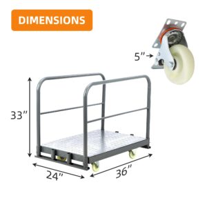 2in1 Steel Panel Truck Cart, Flatbed Cart Heavy Duty Drywall Cart Lumber Cart, Platform Trucks with 2000 lbs Capacity w/Swivel Casters, 36" x 24" Push Cart with 1Front and 2 Side Handrails