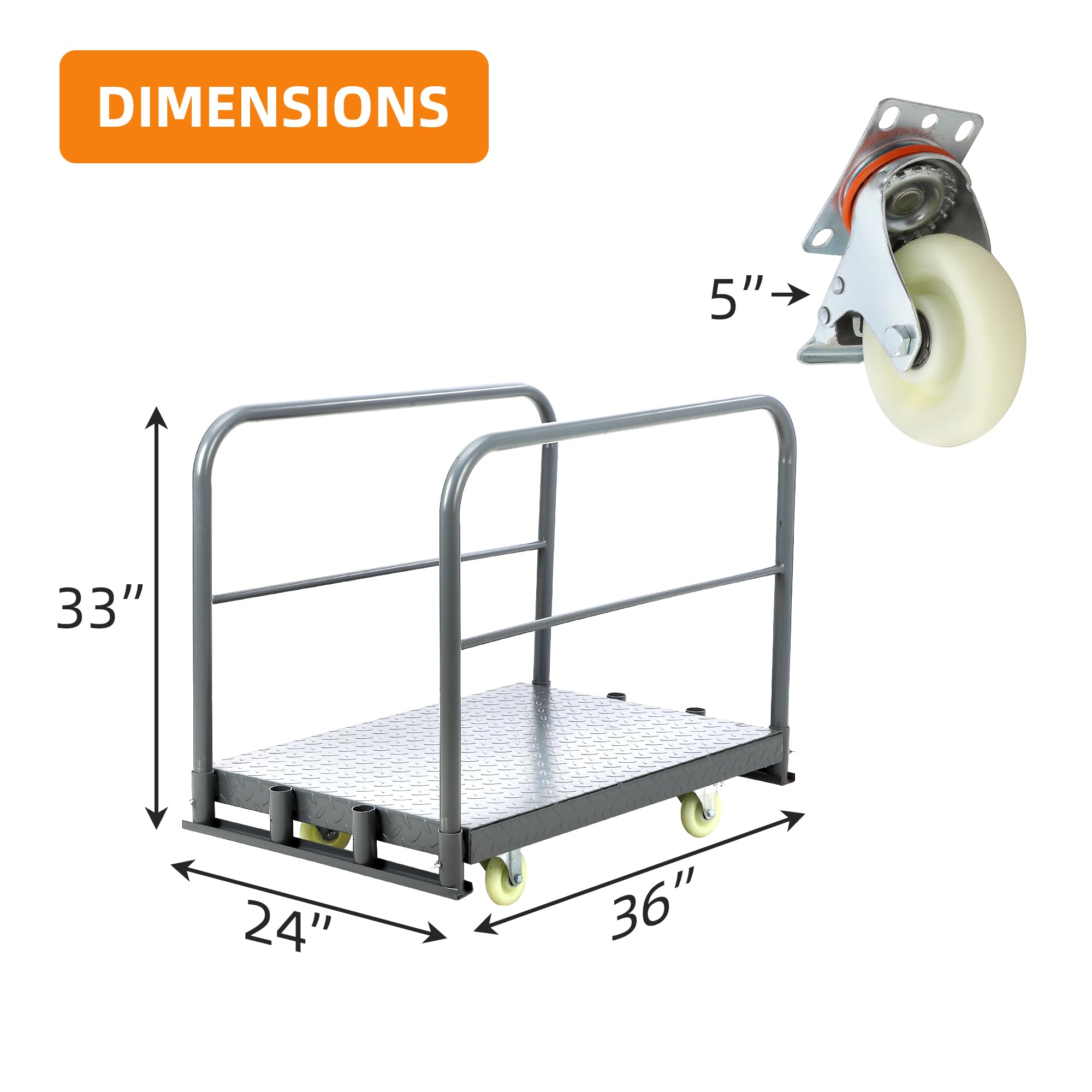 2in1 Steel Panel Truck Cart, Flatbed Cart Heavy Duty Drywall Cart Lumber Cart, Platform Trucks with 2000 lbs Capacity w/Swivel Casters, 36" x 24" Push Cart with 1Front and 2 Side Handrails