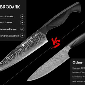 BRODARK Damascus Chef Knife 8 Inch - Ultra Sharp Kitchen Knife, Japanese Knife with Full-Tang Ergonomic Handle, Cooking Knife for Home, Restaurant (Dark Horse Series)