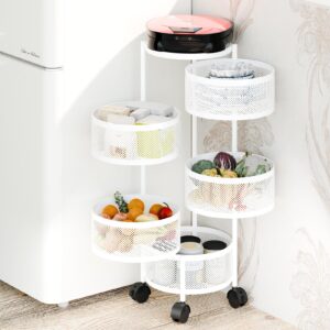 Rotating Kitchen Storage Rack No Assembly, Fruit Basket for Kitchen, Metal Storage Tower Basket Shelves Organizer on Rolling Wheels with Removal Drawers for Fruit Vegetable 5 Layers