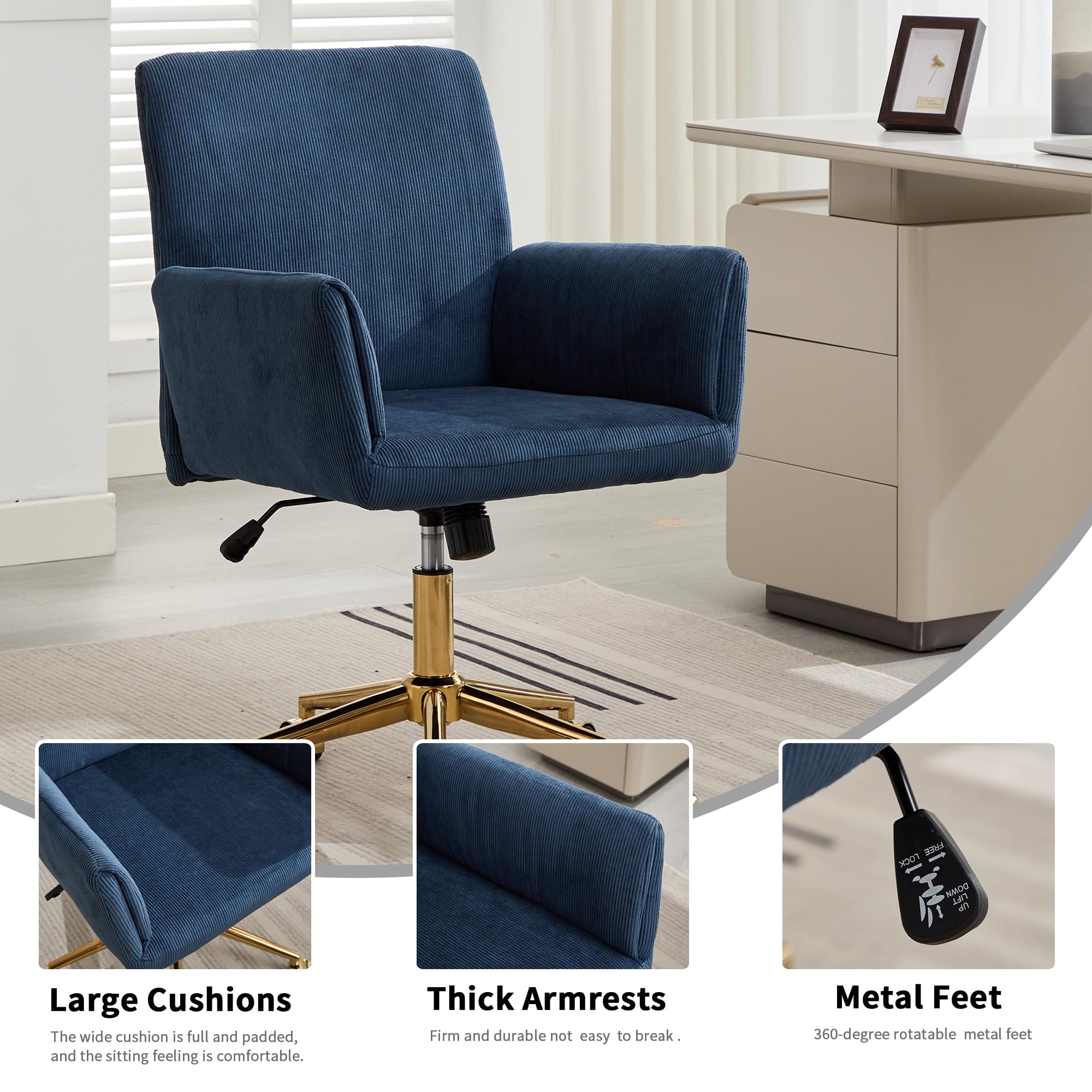 Stripes Velvet Home Office Desk Chair Accent Upholstered Modern Height Adjustable 360° Armchairs with Gold Base for Women Girls Ergonomic Study Seat Computer Task Stools for Living Room（Navy Blue）