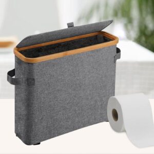 Fenteer Bamboo Toilet Paper Basket Storage with Lid and Handle, Toilet Roll Storage Box, Free Standing Toilet Paper Holder Stand for 12 Rolls, Paper Organizer for Bathroom Kitchen, Style A(Gray)