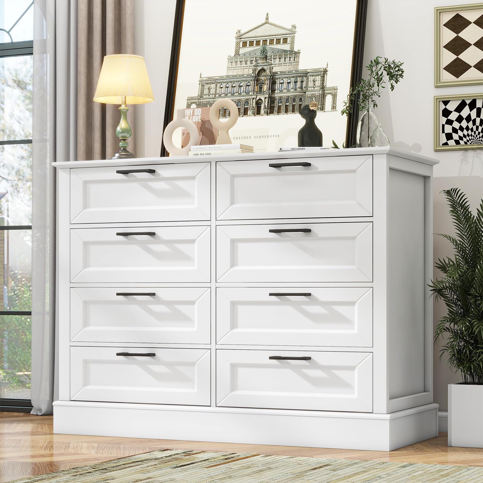 ZLWJGY White Dresser for Bedroom, Wood Dresser with 8 Drawers, Chest of Drawer for Bedroom Living Room Entryway Hallway, Modern Farmhouse Style