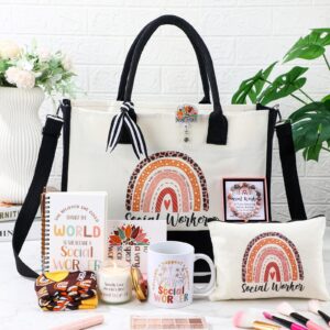 Aliceset 10 Pcs Social Worker Appreciation Gifts Set Include Coffee Mug Candle Canvas Tote Bag Cosmetic Bag Bracelet Badge Holder Socks Notebook Ballpoint Pen Gift Card for BSW MSW DSW Volunteer Gift