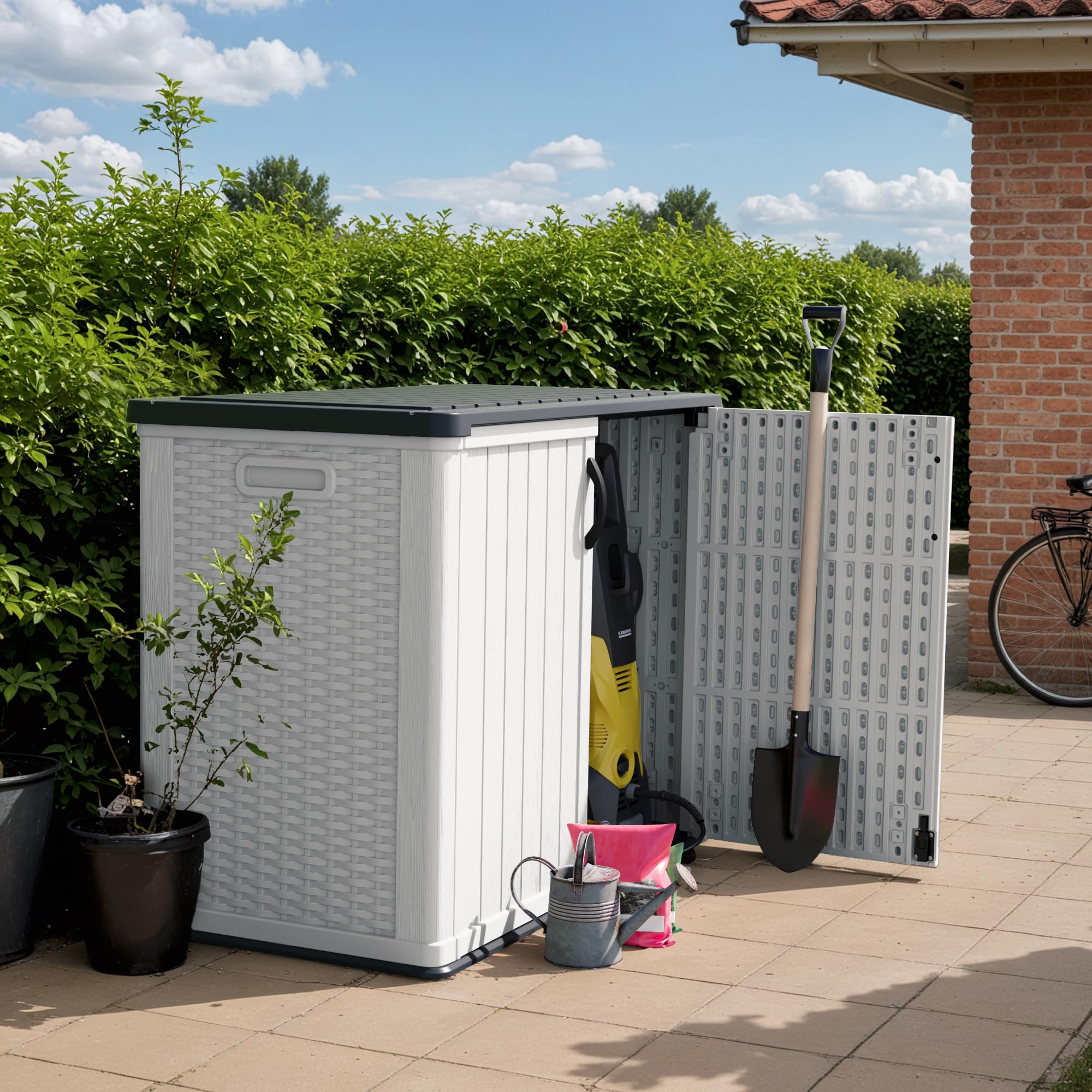 Devoko Outdoor Storage Cabinet 26 Cu Ft with Pad-Lockable Doors, Horizontal Storage Shed Waterproof Patio Tools Storage Box for Sofa Cushions, Gardening Tools and Accessories (White)