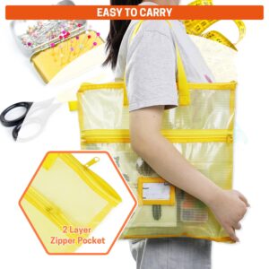 BERYA 16.14 x 16.14 inch Sewing Project Bag, Large Double Pocket Craft Bag Organizer Tote with Handles, Clear Mesh Art Supply Bag for Quilting, Knitting, Embroidery Projects Storage (Yellow-2 Pack)