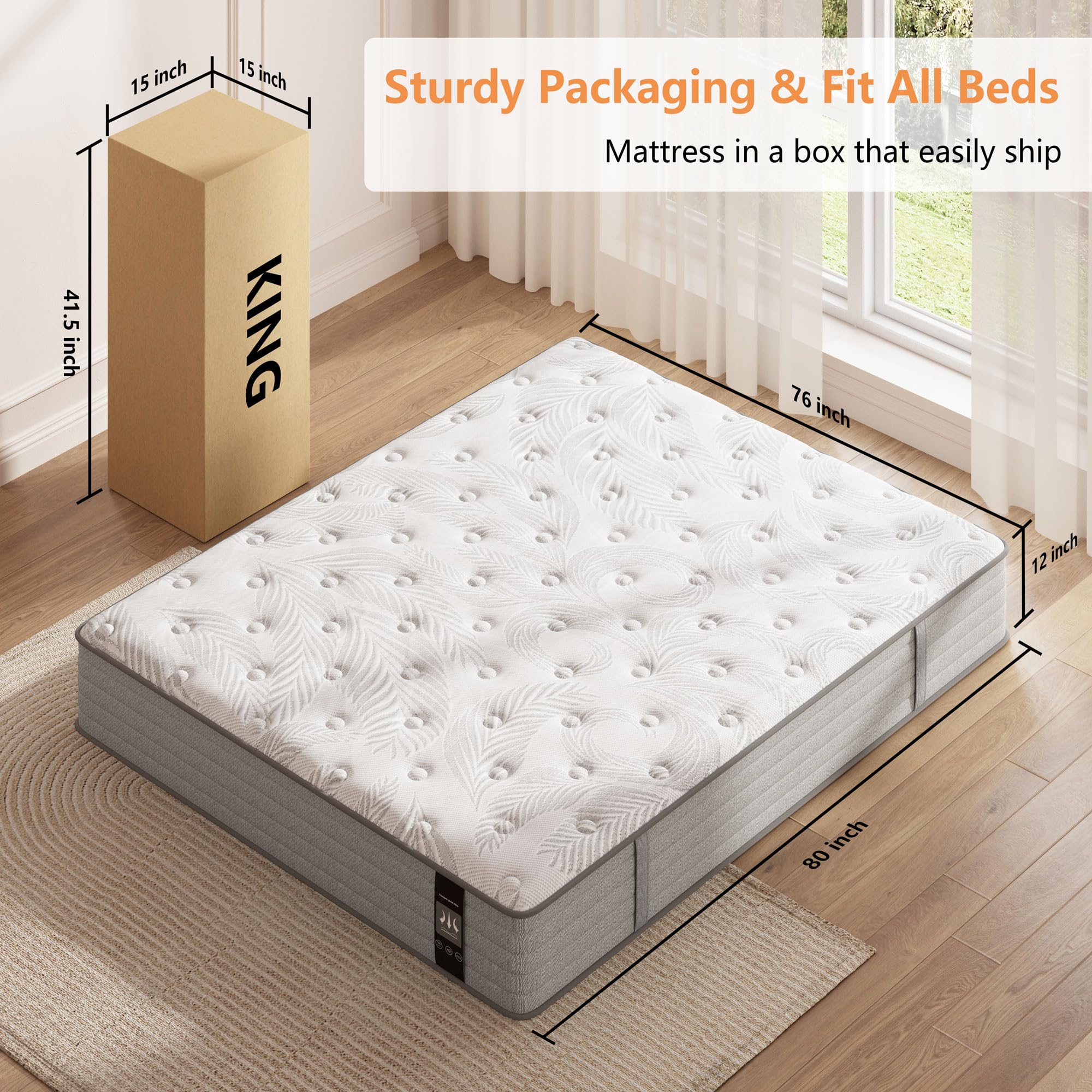 King Mattress 12 inch, Hybrid Memory Foam Mattress with Pocket Springs, King Mattress in a Box, Colchones King, Medium Firm, Motion Isolation, Pressure Relief, Upgraded Support, CertiPUR-US