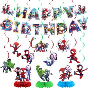 spidey and his amazing friends birthday party decorations, include happy birthday banners,hanging swirls and honeycomb centerpiece for spidey party supplies