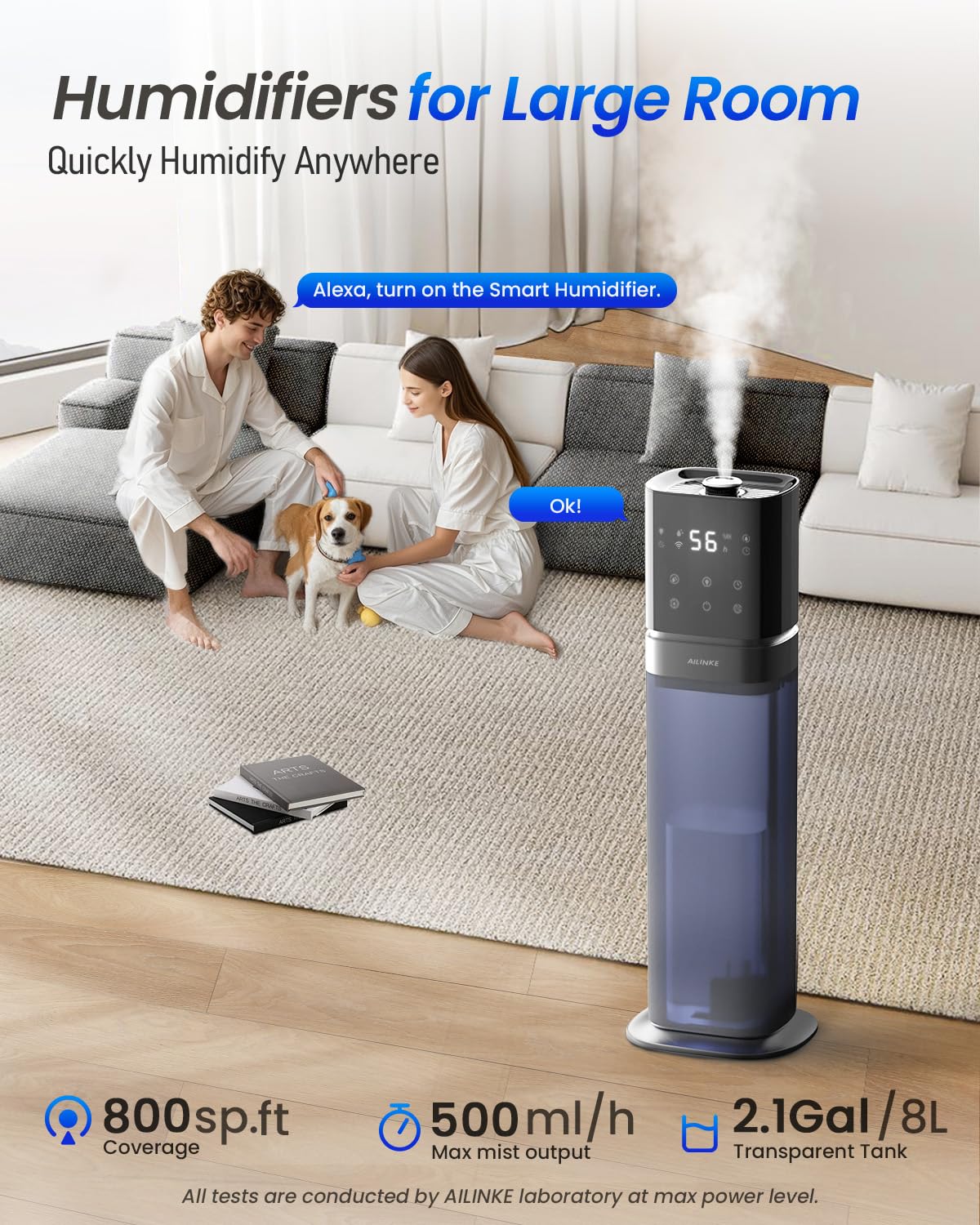 AILINKE Smart Humidifier Large Room, 2.1Gal/8L Humidifiers for Bedroom with Extended Tube&Night Light, Whole House Cool Mist Humidifiers 1000 sq.ft., WIFI App&Voice Control, School/Office/Warehouse