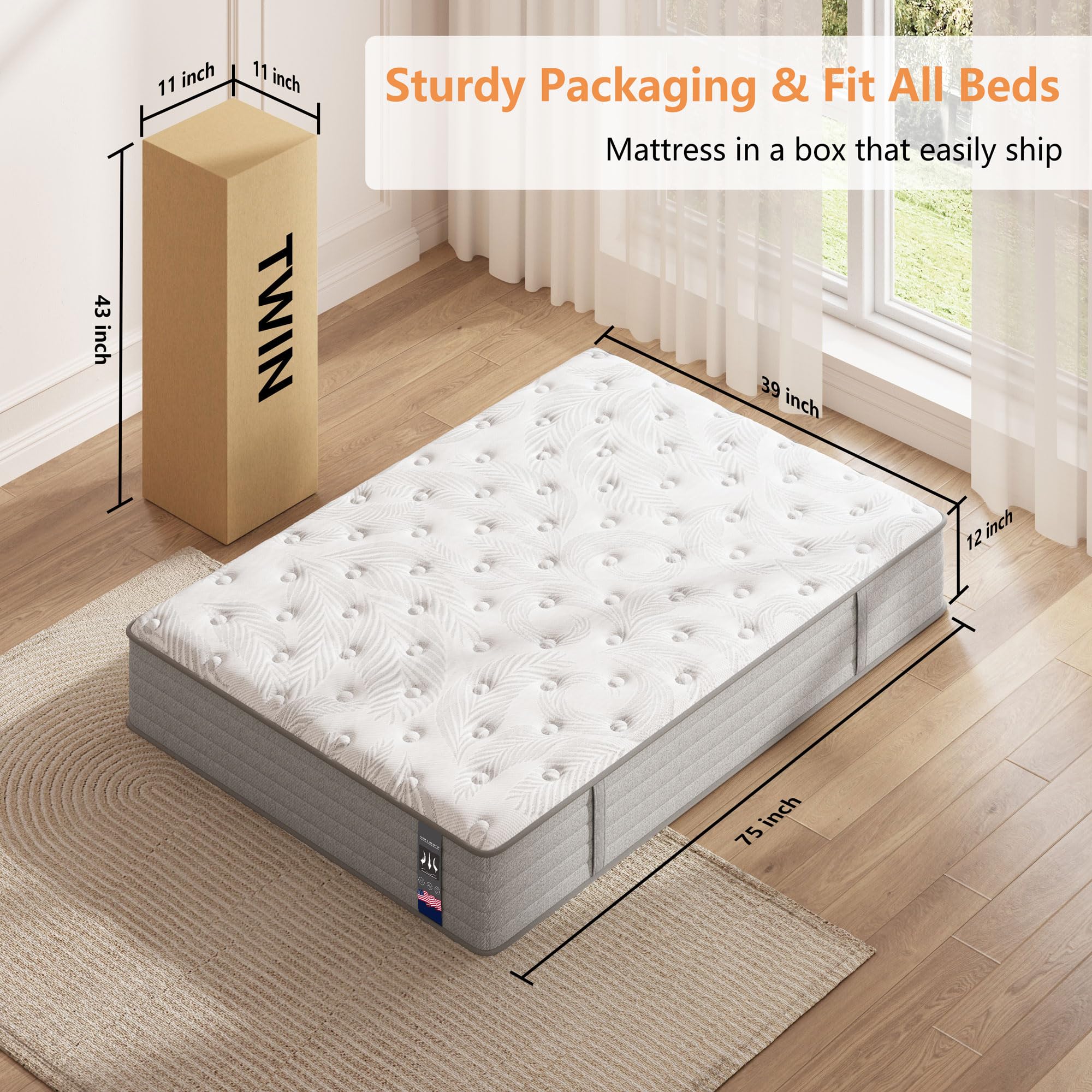 Twin Mattress 12 inch, Hybrid Memory Foam Mattress with Pocket Springs, Twin Size Mattress, Colchones Twin, Mattress in a Box, Medium Firm, Pressure Relief, Upgraded Support, CertiPUR-US, 39"*75"*12"