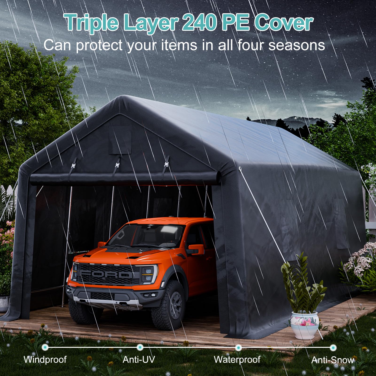 K Knowbody 12 x 20 FT Carport,Heavy Duty Peak Portable Garage with All-Steel Metal Frame & Ventilated Windows, Anti-Snow UV Protection Car Canopy Outdoor Storage Shelter for Car,Truck,Boat,Black