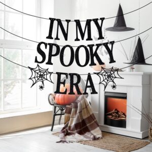 Jenrtvis In My Spooky Era Banner, Halloween Birthday Party Decoration Supplies, It's Halloween Time, Spooky Season Party Decoration Supplies, Halloween Horror Party Banner Black Glitter