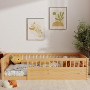 VPXTA Twin Size Toddler Floor Bed Frame for Kids，Montessori Bed with High Fence Railings，Wood Playhouse Bed with Rails (Natural, Twin)