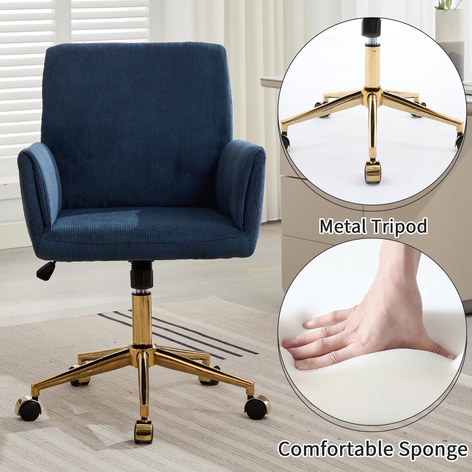 Stripes Velvet Home Office Desk Chair Accent Upholstered Modern Height Adjustable 360° Armchairs with Gold Base for Women Girls Ergonomic Study Seat Computer Task Stools for Living Room（Navy Blue）