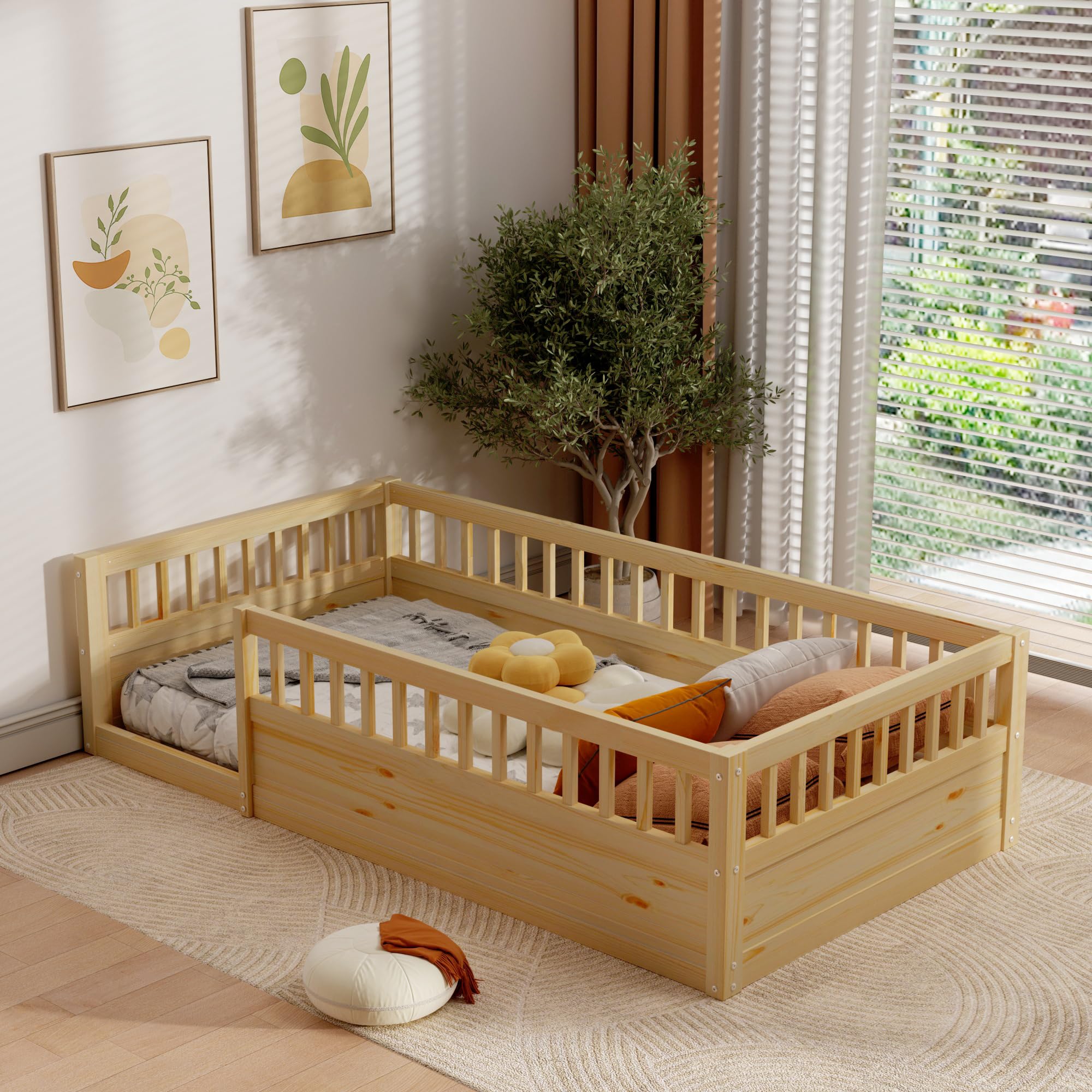 Favfurish Twin Size Montessori Floor Bed, Solid Wood Playhouse Bedframe with Safety High Fence for Kids, Girls, Boys, Bedroom, Playroom, Easy Assembly & No Box Spring Needed, Natural