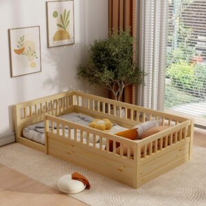 VPXTA Twin Size Toddler Floor Bed Frame for Kids，Montessori Bed with High Fence Railings，Wood Playhouse Bed with Rails (Natural, Twin)