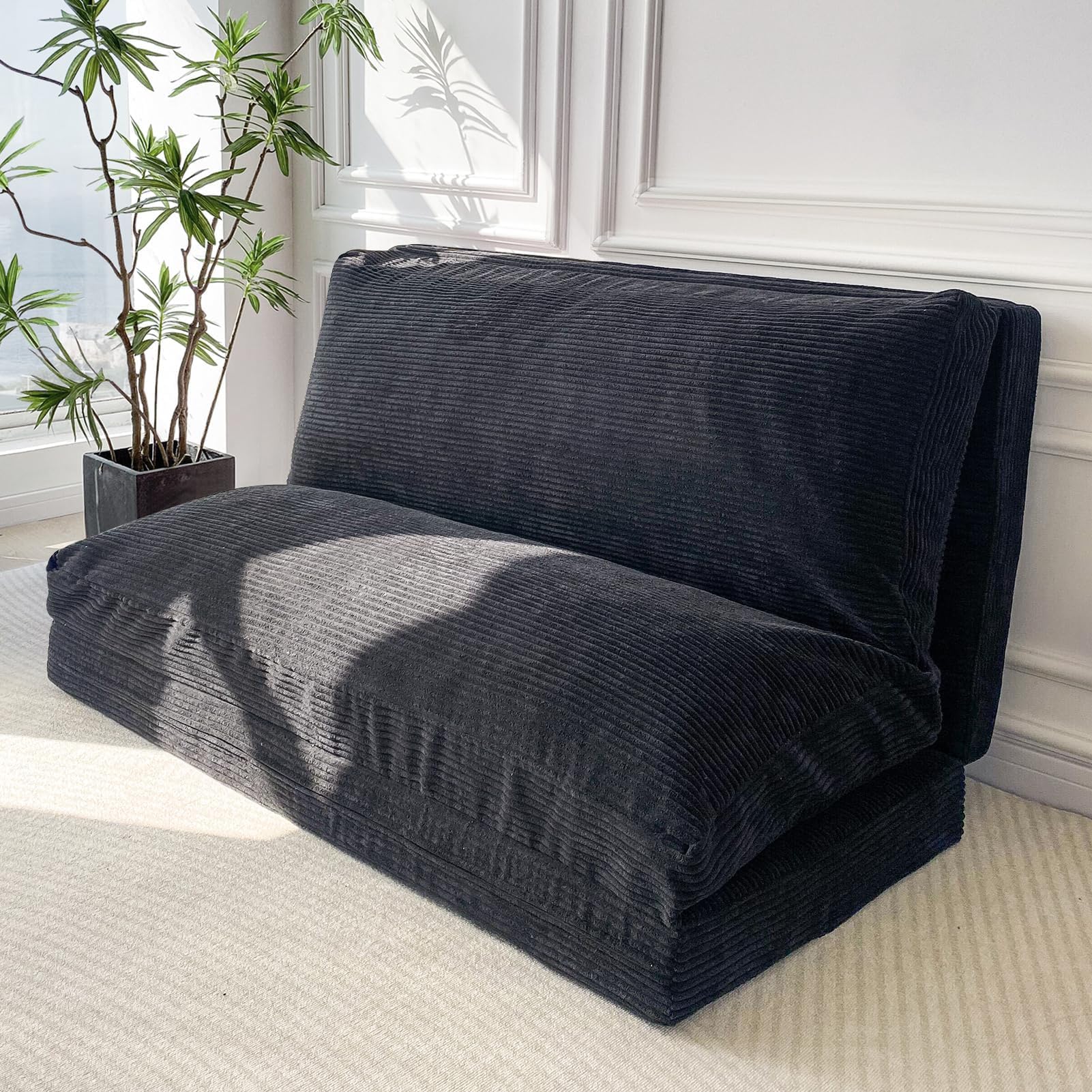 MAXYOYO Bean Bag Bed Folding Sofa Bed Floor Mattress for Adults, Extra Thick and Long Floor Sofa with Corded Washable Cover, Black, 30"x95"