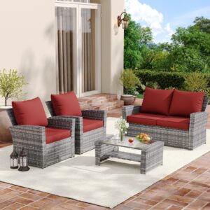 UDPATIO Outdoor Cushions for Patio Furniture, 4'' Replacement Cushions for Outdoor Furniture, Set of 4 Water-Resistant Outdoor Sectional Cushions for Sofa Couch Chair (Burgundy)