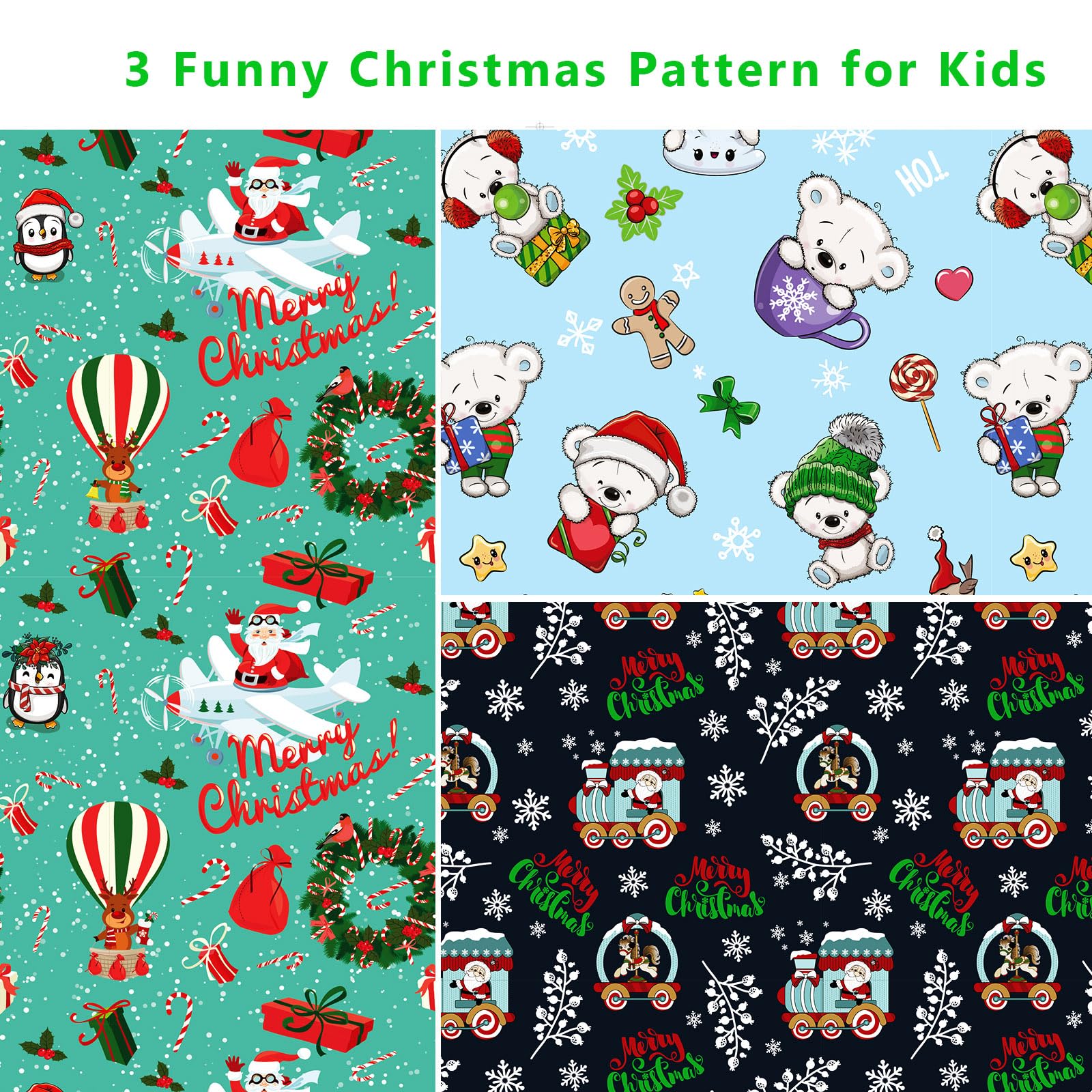 BOLIANNE Christmas Wrapping Paper for Kids Boys Girls - Funny Xmas Holiday Gift Wrap with Santa, Polar Bears, Horses for New Year Party - 6 Large Sheets, 27 x 37 Inch, High Gloss