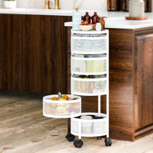 Rotating Kitchen Storage Rack No Assembly, Fruit Basket for Kitchen, Metal Storage Tower Basket Shelves Organizer on Rolling Wheels with Removal Drawers for Fruit Vegetable 5 Layers