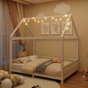 Merax Full Size House Bed for Kids, Wood Platform Bedframe with Light and Guardrail for Teens Girls Boys, No Box Spring Needed, White