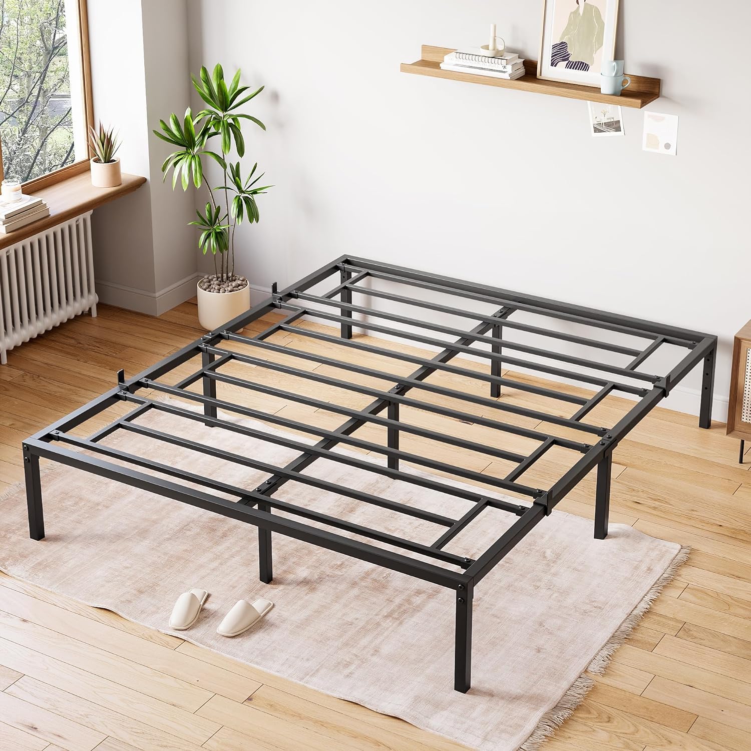 SUNNYFURN Full Size Metal Bed Frame, 14 Inch Heavy Duty Full Bed Frame with Storage Space Under Bed, Mattress Foundation and No Box Spring Needed, Noise Free, Black, Full Size