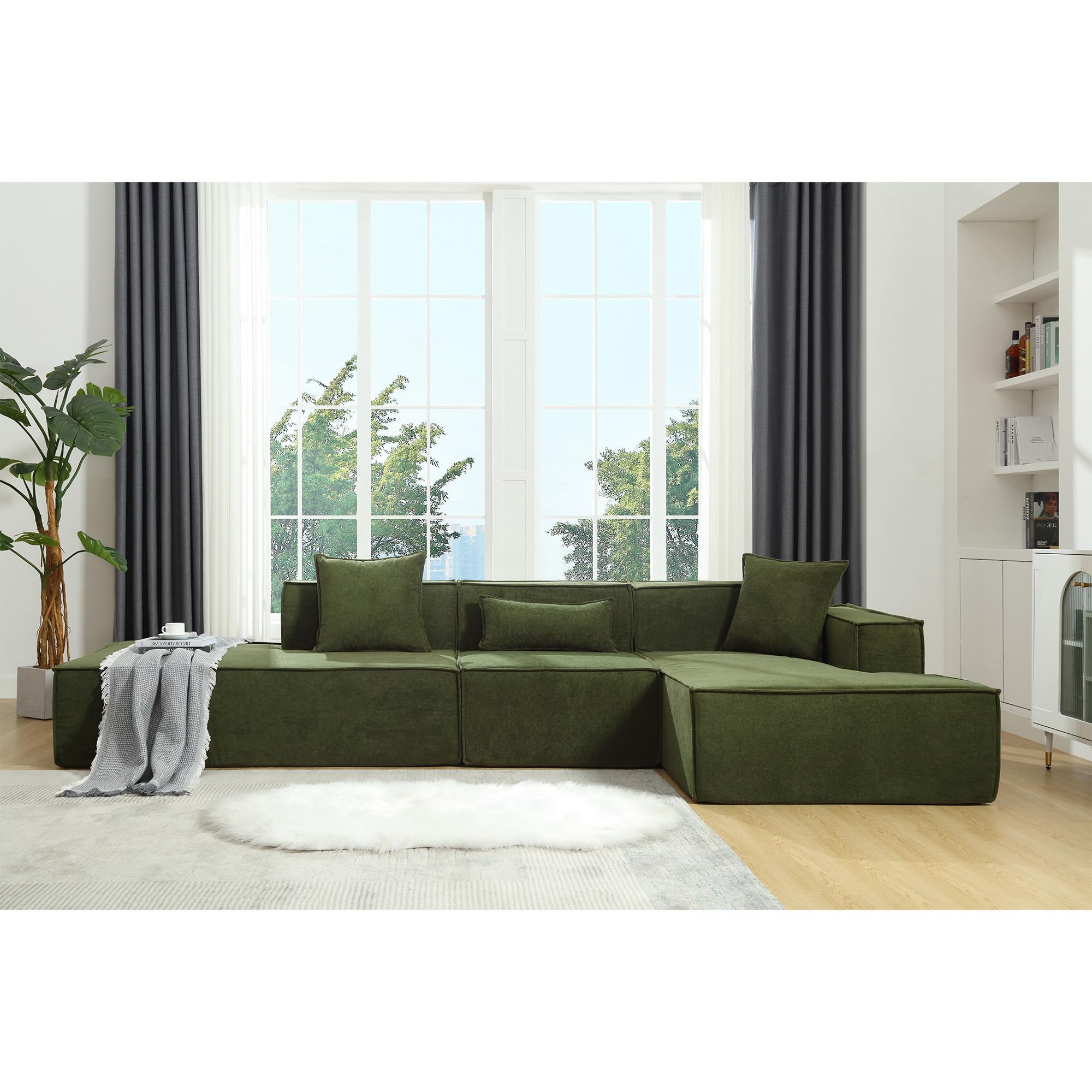 WILLIAMSPACE 129.5" Sectional Sofa Couch for Living Room with Chaise Lounge, Modular Free Combination Upholstered Floor Sofa L-Shaped 5 Seat Couch Foam Sofa for Home Office,Right-Facing (Green)