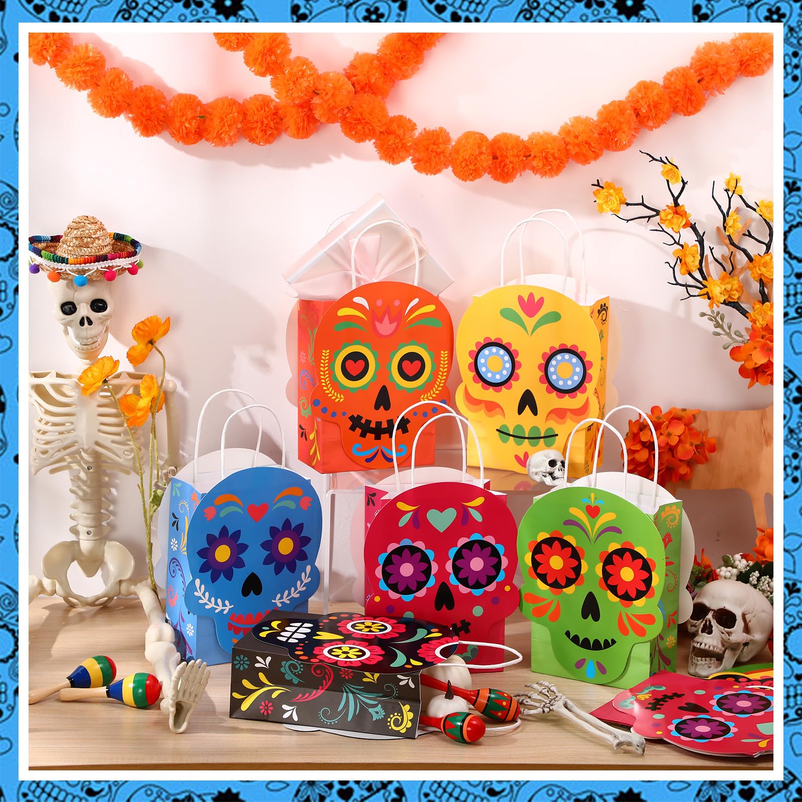 MotiMind 24 Pcs Day of The Dead Party Paper Bags Dia De Los Muertos Favors Bags with Handles Sugar Skull Treat Goodie Bags for Halloween Party Supplies