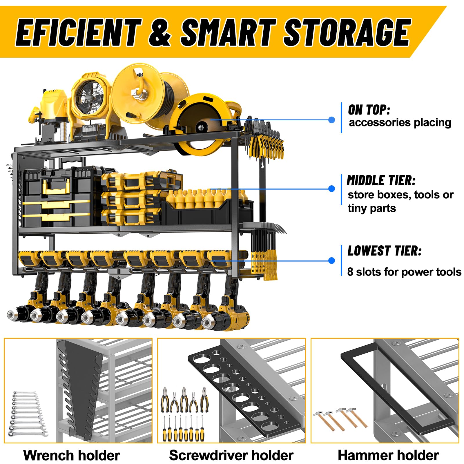 jsyonii Power Tool Organizer Wall Mount - 8 Drill Holder Wall Mount, 3 Layers Garage Tool Organizer Wall Mount, Heavy Duty Power Tool Rack, Cordless Tool Organizer, Utility Racks Shelf for Garage