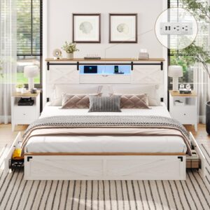 hasuit farmhouse bed frame king size with led lights and charging station, wooden king bed with 2 storage drawers, rustic headboard with sliding barn door storage cabinets, white