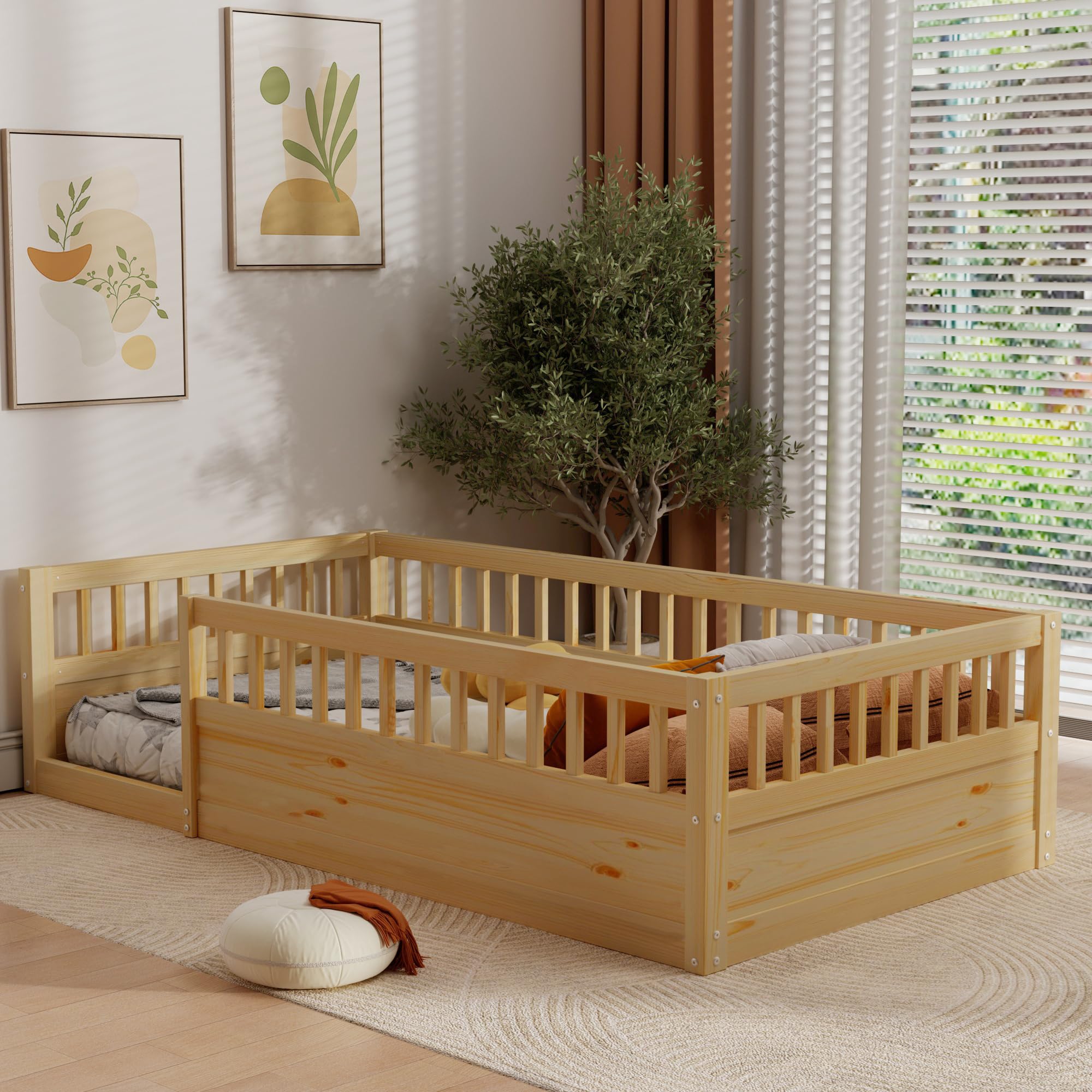 Favfurish Twin Size Montessori Floor Bed, Solid Wood Playhouse Bedframe with Safety High Fence for Kids, Girls, Boys, Bedroom, Playroom, Easy Assembly & No Box Spring Needed, Natural