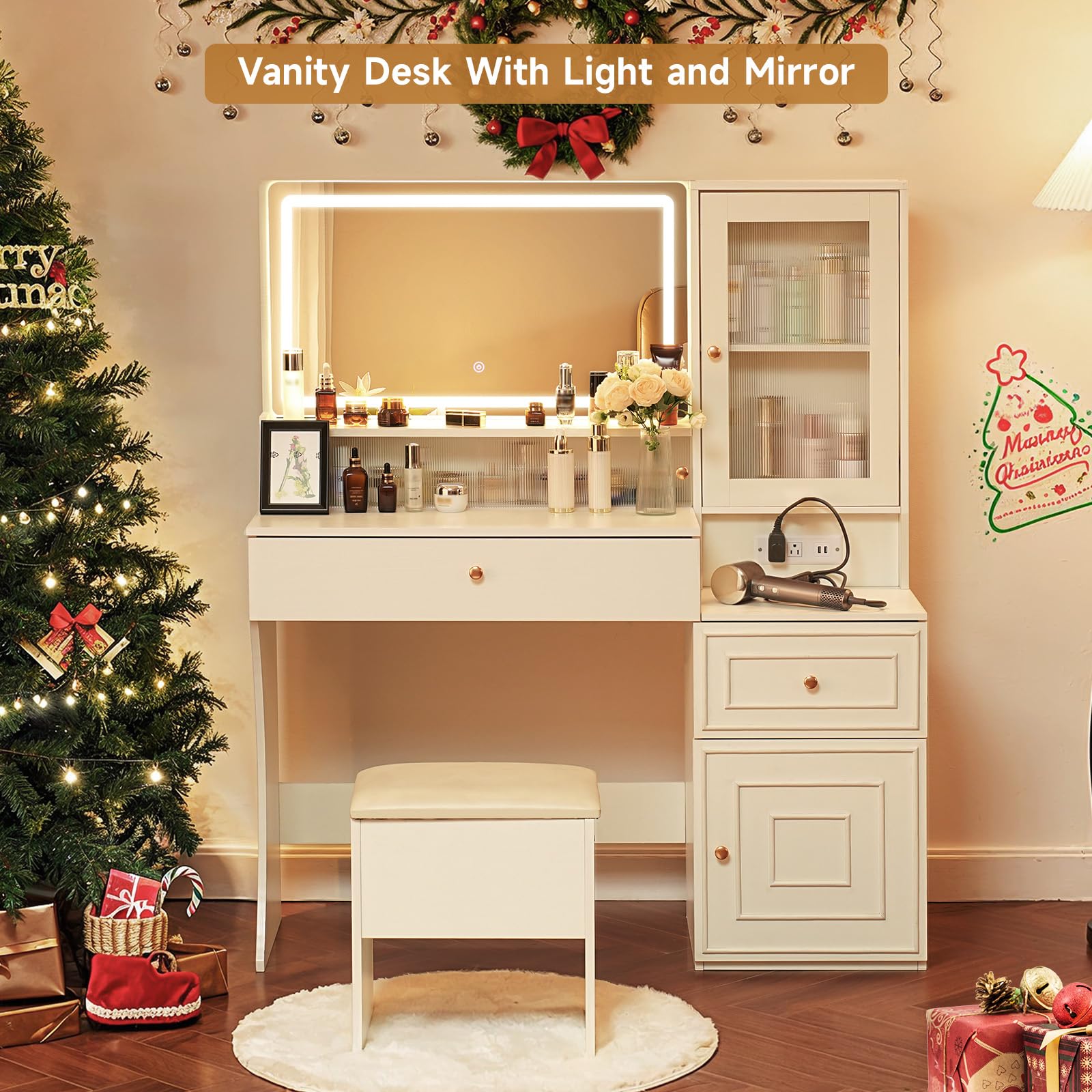 Large Vanity Desk with Mirror and Light, Vanity Table and Cushioned Stool Set, Makeup Vanity Table Makeup Desk with Charging Station, Storage Stool, Bedroom Dressing Table with Drawer and Cabinet