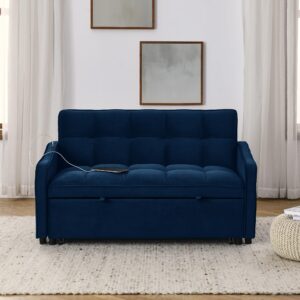 Ball & Cast Velvet Sleeper Sofa Bed, 3 in 1 Convertible Couch with Adjsutable Back and Two Arm Pockets, 53" Loveseat with Type C and USB Charging for Living Room, Apartment,Blue