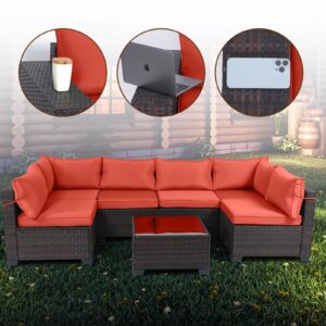 LEVELEVE 7 Pieces Outdoor Patio Furniture Sets,Rattan Conversation Sectional Set,Manual Weaving Wicker Patio Sofa with Tea Table