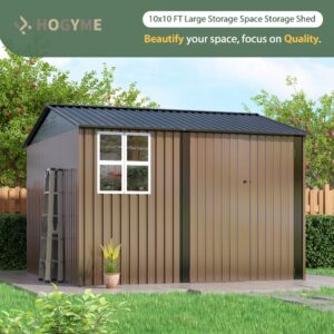 HOGYME 10x10 FT Outdoor Storage Shed, Large Metal Tool Sheds with Updated Frame Structure and Lockable Doors, Garden Shed for Backyard Garden Patio Lawn, Brown