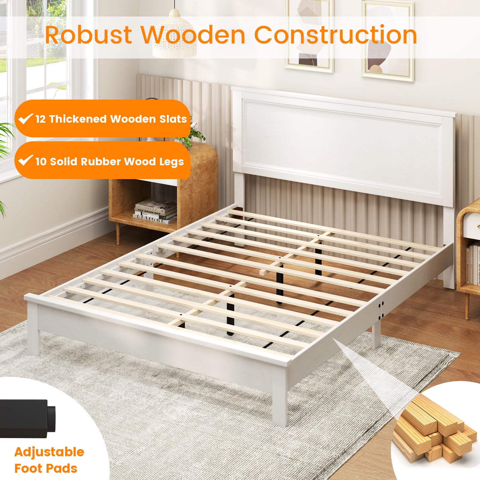 KOMFOTT Full Size Wood Platform Bed Frame with Headboard, Wooden Mid Century Platform Bed with Slat Support & Under Bed Storage, Mattress Foundation Bed Base, No Box Spring Needed, White