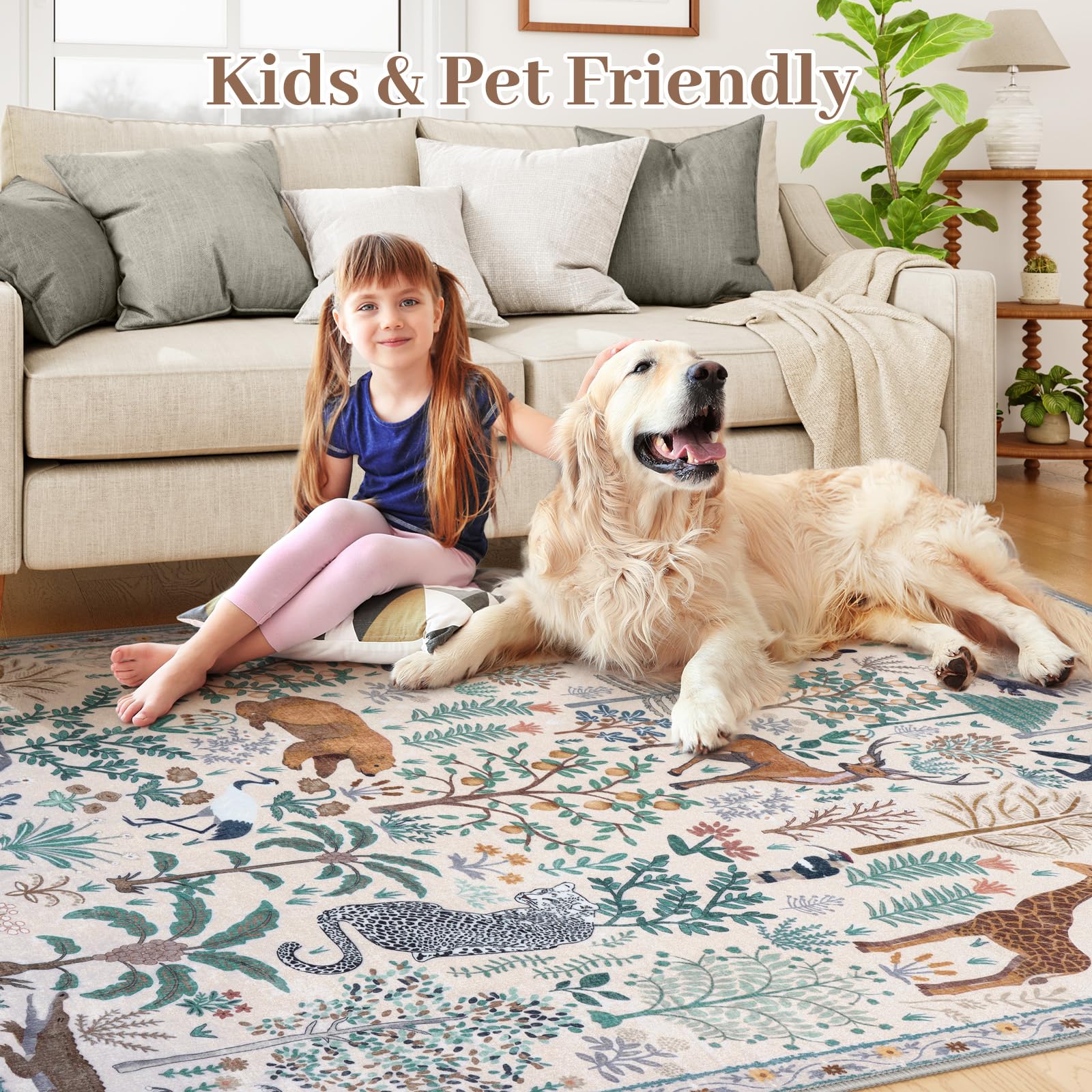 OJIA Jungle 8x10 Area Rugs for Living Room Bedroom Christmas Large Washable Rugs, Thin Modern Nursery Rug Non-Shedding Kids Playroom Rug Stain Resistant Large Carpet Neutral Rugs for Kids Room Dining