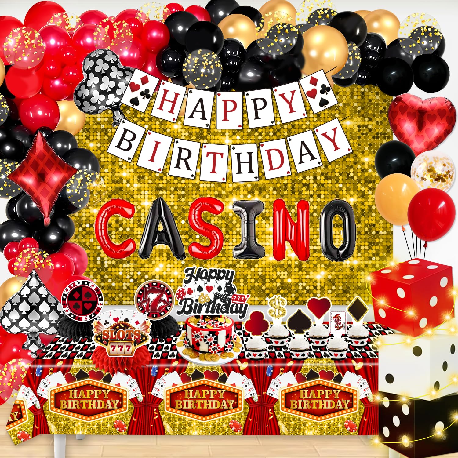 Casino Theme Party Decorations 132pcs Casino Party Decorations Casino Night Decorations Casino Birthday Decorations Casino Decorations includes Banner Balloon Box Backdrop Cake Decorations Tablecloth