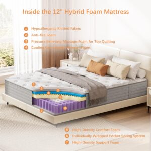 Full Size Mattress 12 inch, Hybrid Memory Foam Mattress with Pocket Springs, Full Mattress in a Box, Colchones Full, Medium Firm, Motion Isolation, Pressure Relief, Upgraded Support, CertiPUR-US