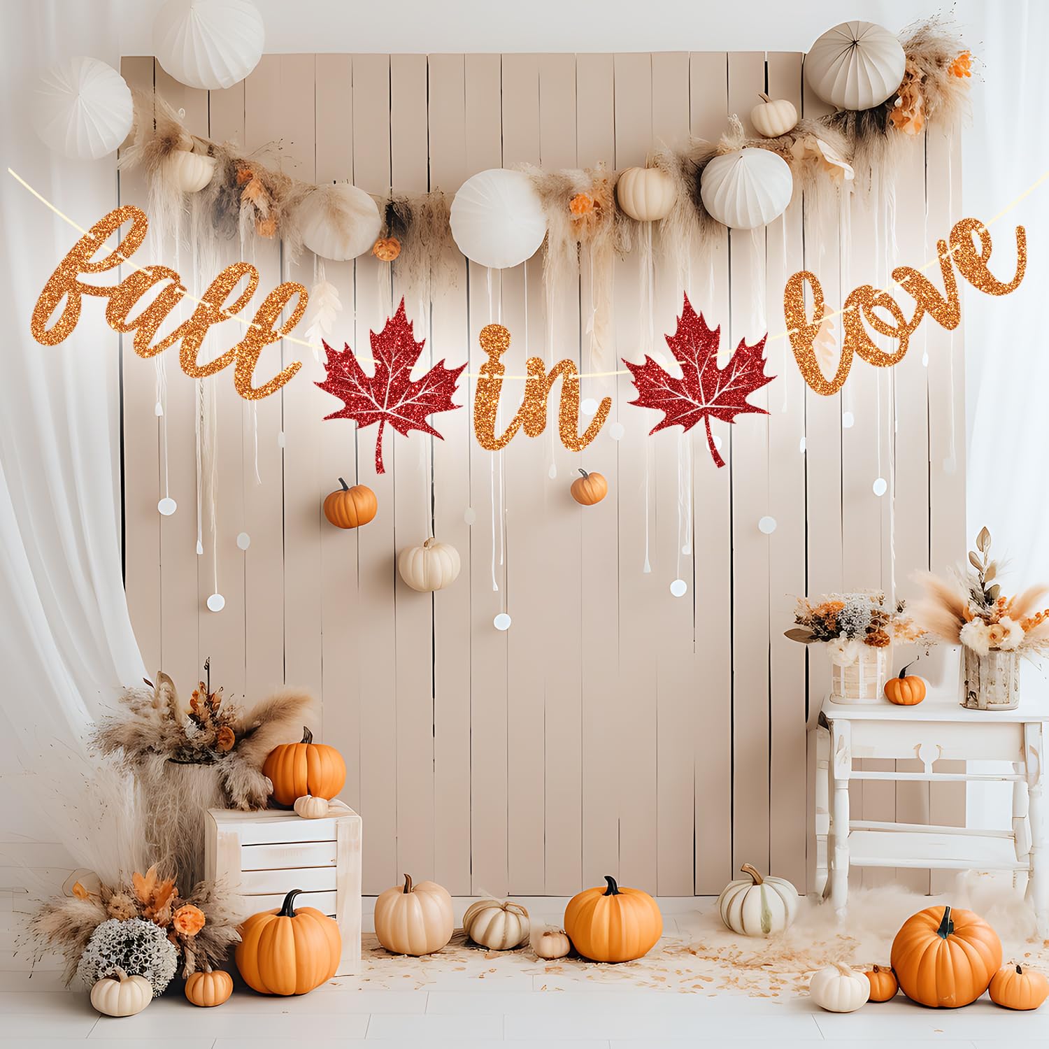 Jenrtvis Fall in Love Banner, Thanksgiving Autumn Theme Wedding Banner, Fall Season Bridal Shower Party Decoration Supplies, Fall Theme Bachelorette Party Decoration Orange & Red Glitter