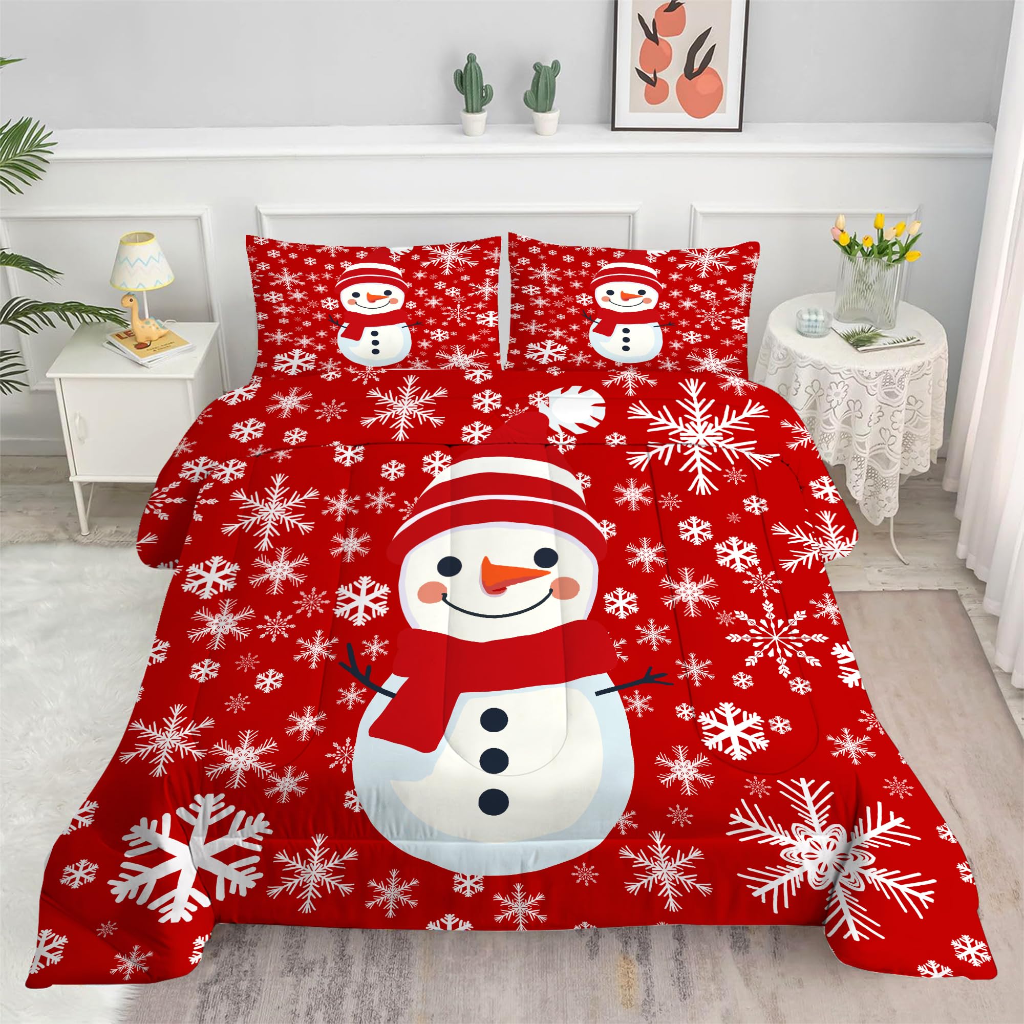 EDGZKO Comforter Set Christmas Snowman: Twin Size Kids Xmas Bedding Sets Red Snowflakes Quilt for Teens Girls Boys Christmas Decor Winter Snow Bed Set 1 Comforter & 1 Pillowcase