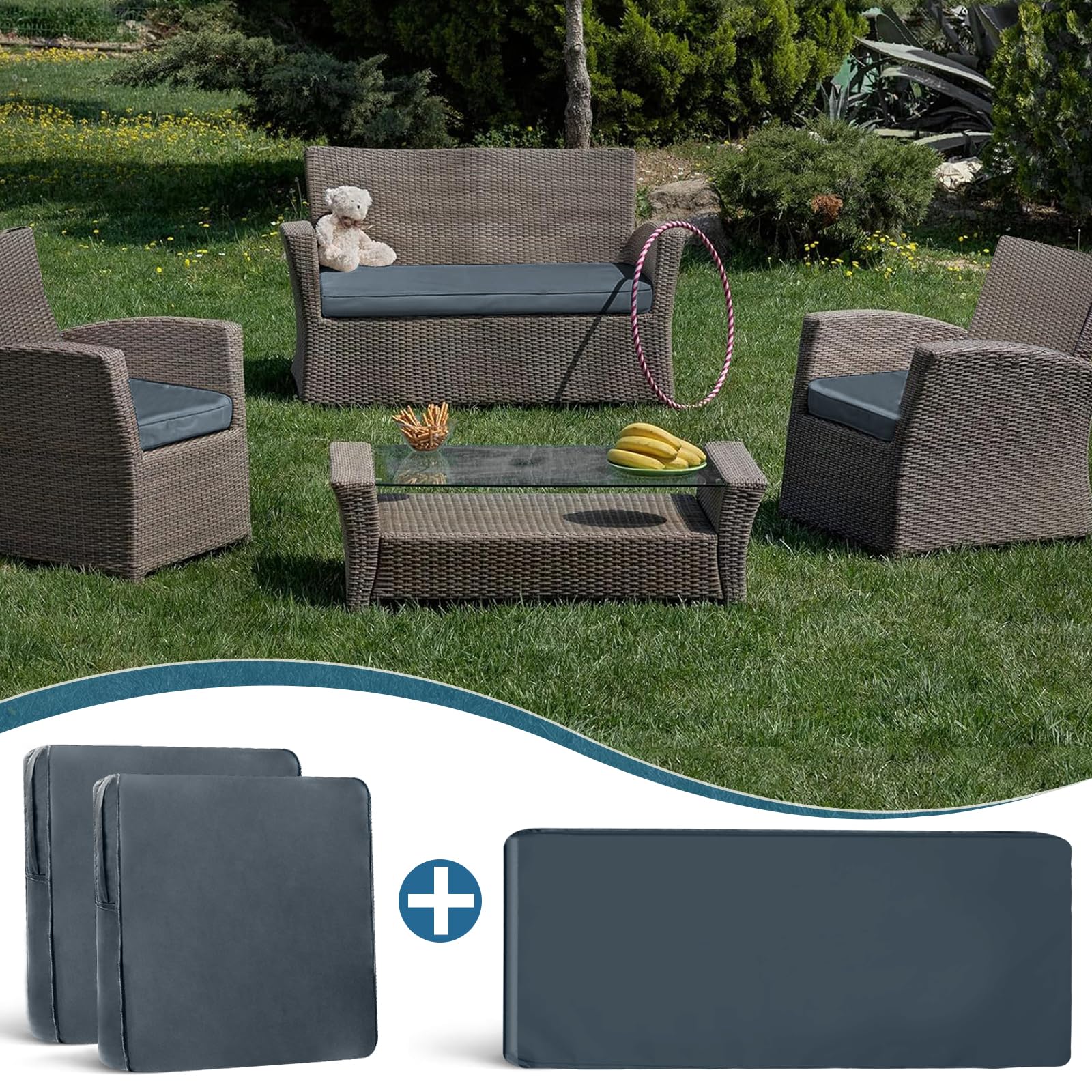 BRUXOLAY 3 Pack Patio Outdoor Cushion Covers, Waterproof and Fade Resistant Patio Furniture Cushion Covers for 4 Pack 4 Seat Wicker Rattan Patio Furniture,Only Cover 36x18x2,18x18x2,Gray