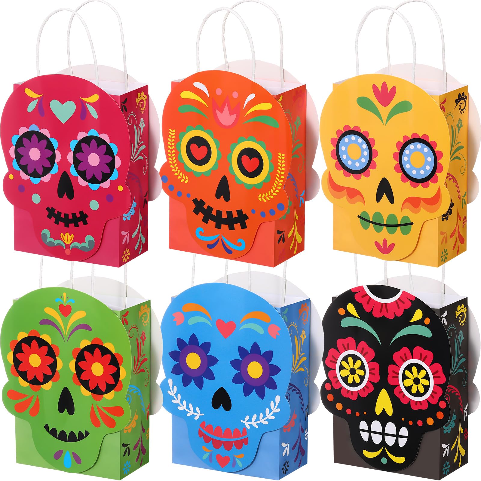 MotiMind 24 Pcs Day of The Dead Party Paper Bags Dia De Los Muertos Favors Bags with Handles Sugar Skull Treat Goodie Bags for Halloween Party Supplies