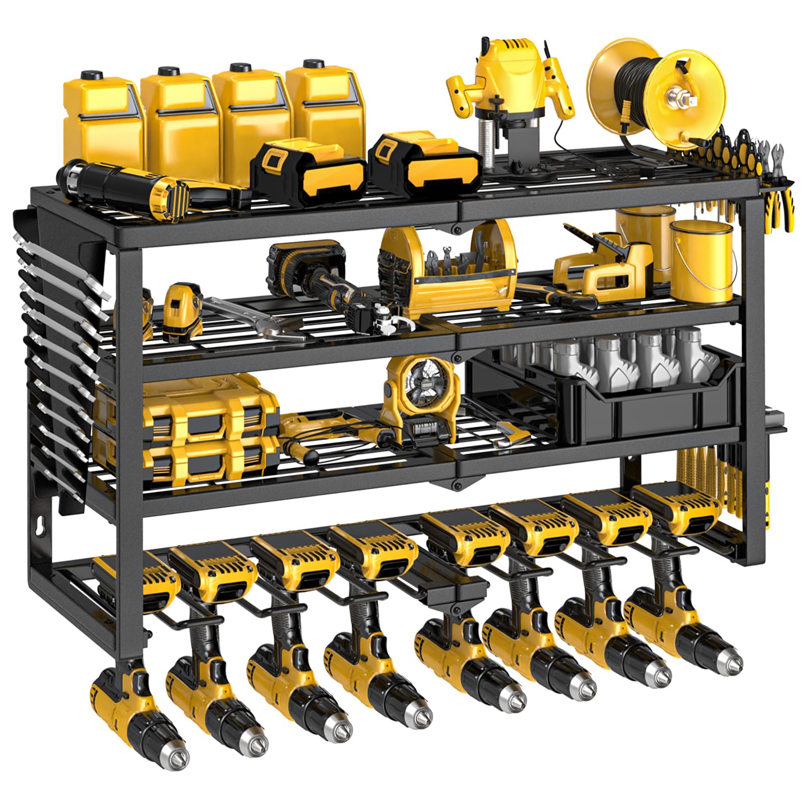 jsyonii Power Tool Organizer Wall Mount, 4 Layer Heavy Duty Metal Power Tool Storage Rack with 8 Drill Holders, Heavy Duty Metal Garage Tool Shelf with Wrench Hammer Pliers Screwdriver Holder