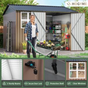 HOGYME 10x10 FT Outdoor Storage Shed, Large Metal Tool Sheds with Updated Frame Structure and Lockable Doors, Garden Shed for Backyard Garden Patio Lawn, Brown