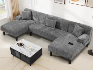 yitahome sectional couches for living room, u shaped sofa chenille modern couch with usb & type c charging ports double chaise and comfy upholstered, grey