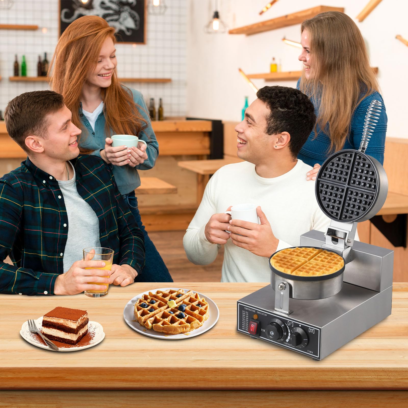 Commercial Waffle Maker, 1300W Round Waffle Iron, Non-Stick Rotatable Waffle Baker Machine, 50°C-300°C Temp Range, Stainless Steel Round Commercial Waffle Maker for Restaurant, 110V